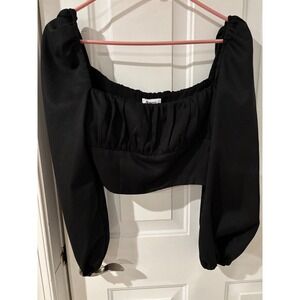 Princess Polly Black Long Sleeve‎ Square Neck Shirred Crop Top Party Festival